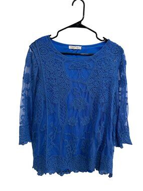Farmers Market By Oneworld XL Blue Lace Tunic Top Floral Cottagecore Boho